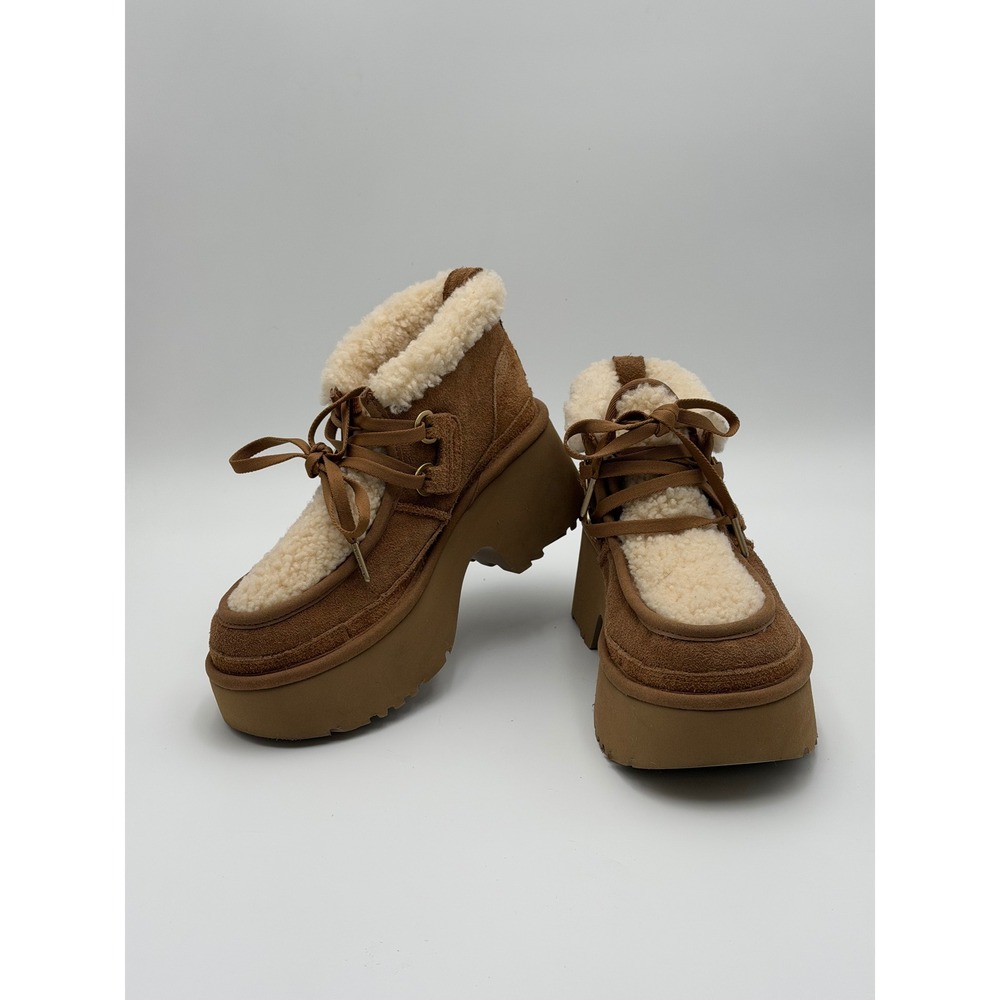 UGG Classic New Heights Lace Up Womens 8 Chestnut Suede Shearling Platform Boots